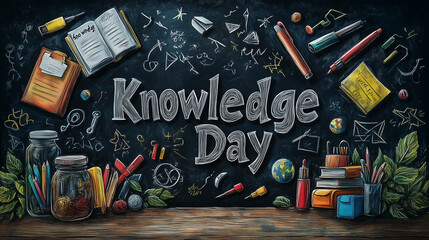 A chalkboard with "Knowledge Day" written in bold letters, surrounded by drawings of school supplies.