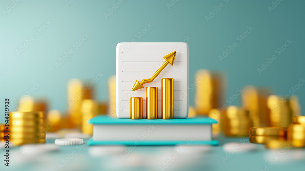 Poster a stack of coins surrounds a book displaying a chart with upward arrows. this representation highlig