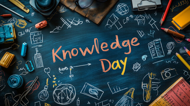 A chalkboard with "Knowledge Day" written in bold letters, surrounded by drawings of school supplies. - Powered by Adobe