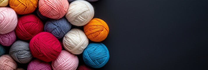 Various shades of colorful yarn balls arranged on a black background symbolizing craft and creativity.