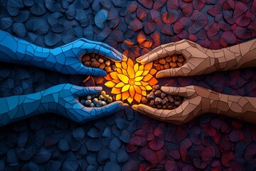 Diwali and the spirit of generosity, depicted in an artwork featuring hands exchanging gifts and sweets, symbolizing the joy of giving