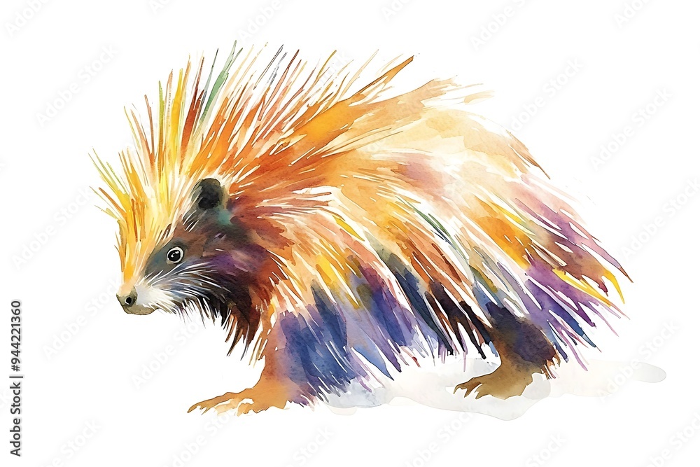 Wall mural A colorful watercolor illustration of a porcupine with vibrant spikes.