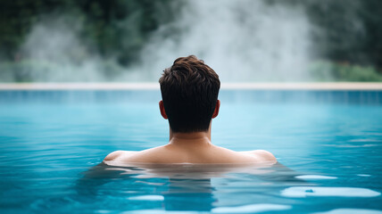 Fototapeta premium A man enjoying a peaceful time alone in a pool with mist rising in the background.
