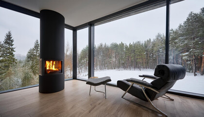Minimalist corner with a large floor-to-ceiling window overlooking a snow-covered forest. A black leather chair and a modern fireplace.