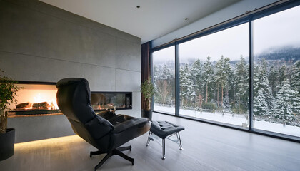 Minimalist corner with a large floor-to-ceiling window overlooking a snow-covered forest. A black leather chair and a modern fireplace.
