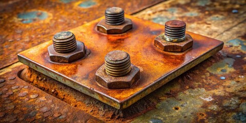 Rusted steel plate with rows of rugged bolts securing edges, showcasing industrial strength and durability in a factory or construction setting.