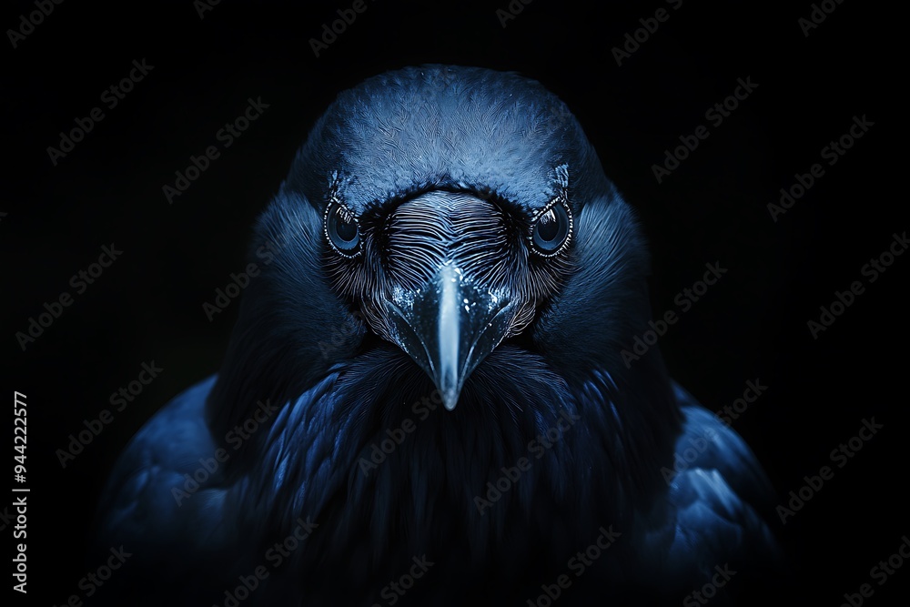 Wall mural A close-up of a raven's face, showcasing its intense eyes and dark feathers against a black background.