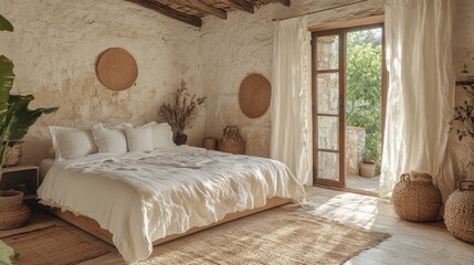 mediterranean concept banner featuring a rustic wooden bed with white linen bedding, woven baskets, and ceramic decor in a cozy aesthetic