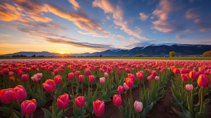 Stunning Sunset Over a Field of Pink Tulips and Mountains