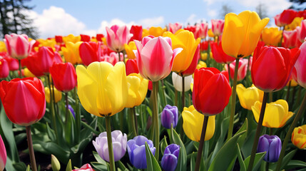 Vibrant Spring Tulips Field - Colorful Flowers Blooming