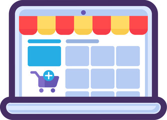 Online store page on laptop screen. Remote purchase of goods, shopping process flat element for modern and retro design. Simple color vector pictogram isolated on white background