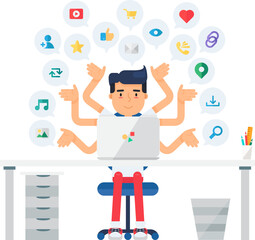 Freelance worker analyzes social networks and media content. Workplace of office employee at table. Simple cartoon vector concept illustration isolated on white background