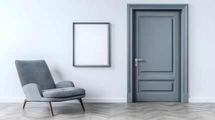Interior design of modern living room with cabinet and mock up blank frame.