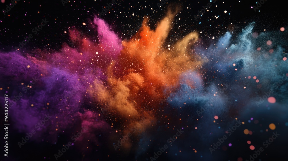 Aufkleber colorful powder particles burst and fly in a 3d cartoon rendering against a black background