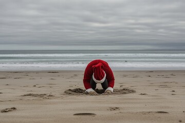 Obraz premium At the beach, a curly-haired child wears a Santa hat and plays in the sand