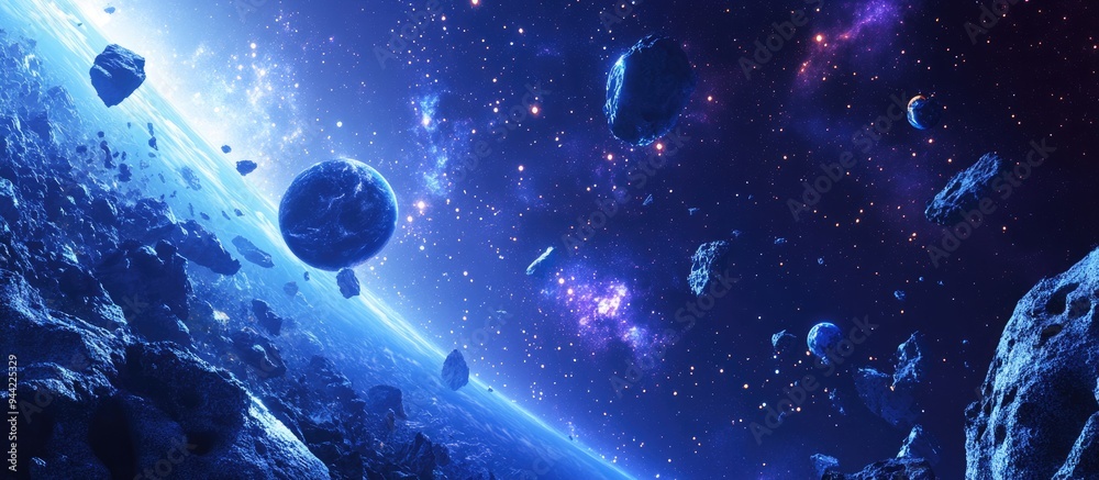 Poster cosmic art background featuring a 3d cartoon rendering of planets and galaxies showcasing the beauty