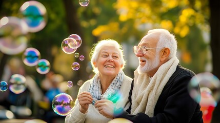 Fototapeta premium woman man senior couple together elderly active happy retirement bubble soap blowing fun blow vitality bonding park outdoor leisure park fun