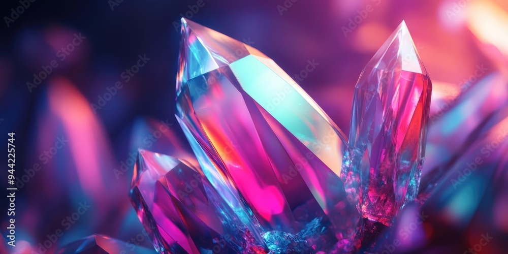 Poster Beautiful abstract crystal with colorful light designed as a 3D cartoon rendering accompanied by a background pattern