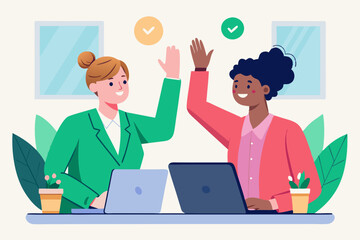 Illustration of two colleagues, one in a green blazer and the other in a pink blazer, giving each other a high-five while working on laptops in an office setting.
