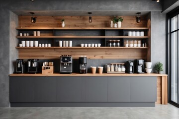 Modern Minimalist Kitchenette with Coffee Machines and Open Shelving