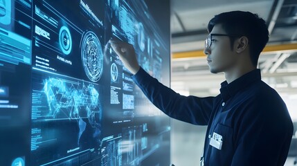 A young man in a blue shirt interacts with a large screen displaying data and information.