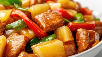 Close-up of sweet and sour sauce with tender pork, bell peppers, and pineapple chunks, all on a clean white background, no people.