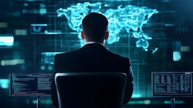 A man in a suit sits in front of a computer screen, looking at a world map displayed on the screen. - Powered by Adobe