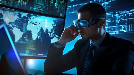 A man in a suit and futuristic glasses sits in front of a computer screen displaying a world map.