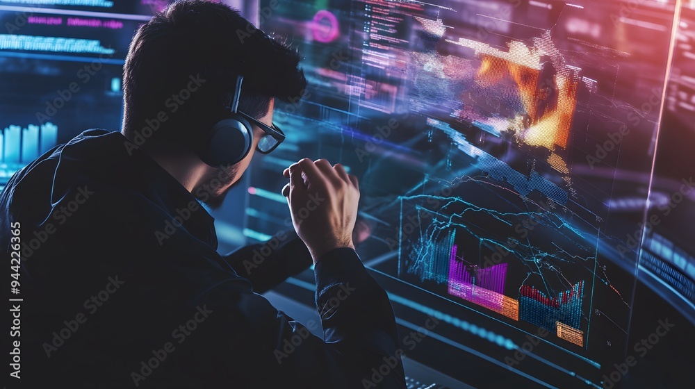 Poster man in headphones working at a computer with digital screens showing charts and data.