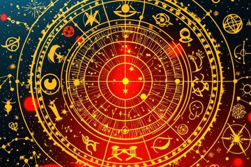 Naklejka premium Astrological Wheel of Zodiac Signs with Red Background and Gold Lines