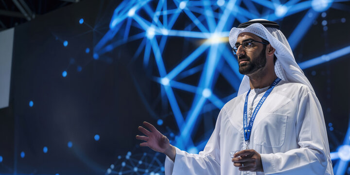 Middle eastern speaker presenting new product at global tech conference