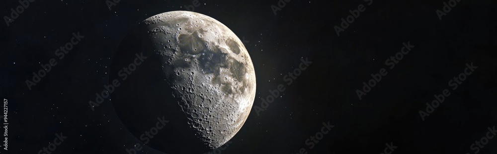 Aufkleber half moon in its first quarter phase isolated against a black sky depicted in a 3d cartoon rendering