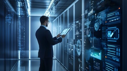 A man in a suit looks at a screen in a server room with data displayed.