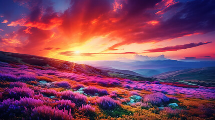 Stunning Sunset Over Mountain Meadow with Purple Flowers