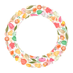 Hand drawn watercolor autumn mushrooms leaves and pumpkins frame border isolated on white background. Can be used for postcard, label, scrapbook and other printed products.
