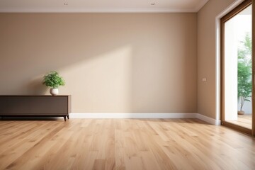 Minimalist Empty Room with Wooden Floor, Beige Walls, and a Single Plant on a Cabinet