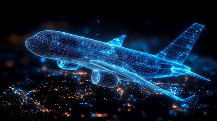 A digital rendering of a glowing blue airplane flying over a city at night.