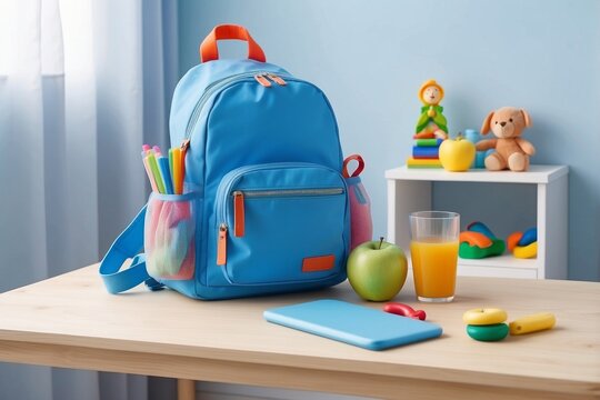 Blue Backpack on a Wooden Table with School Supplies and Snacks - Powered by Adobe