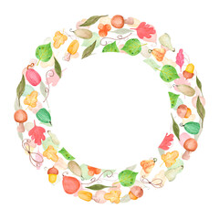Hand drawn watercolor autumn mushrooms leaves and pumpkins frame border isolated on white background. Can be used for postcard, label, scrapbook and other printed products.