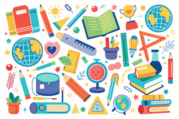 A vibrant illustration showcasing assorted school and office supplies like books, pencils, globes, and fun doodles in a playful and colorful pattern on a white background. 
