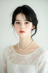 Elegant Portrait of a Woman Wearing a Pearl Necklace with Soft Expression