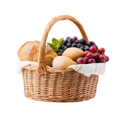 A wicker basket filled with fresh bread rolls and assorted fruits, perfect for a picnic or a cozy breakfast scene isolate on transparency background