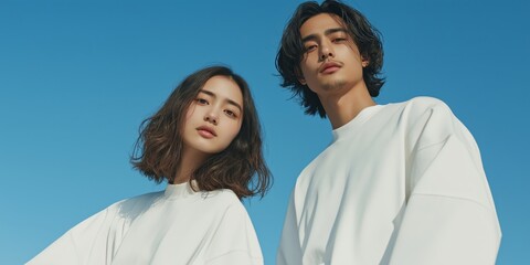 Obraz premium A pair of young models posing stylishly under a clear blue sky, portraying confidence and modern fashion.