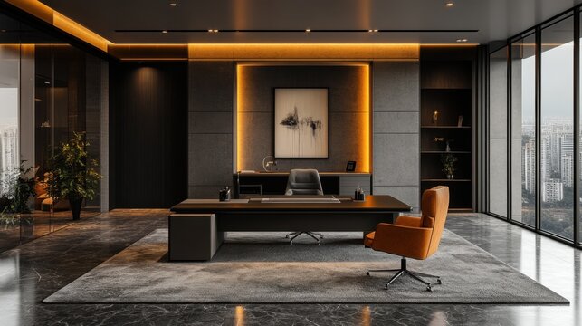 elegant office design, sophisticated and stylish office space featuring designer furniture, ambient lighting, and refined elegance, perfect for a sophisticated workplace vibe