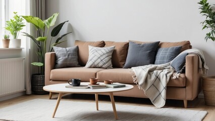 Modern Living Room Interior with Brown Sofa and Coffee Table