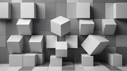 Abstract 3d rendering of geometric shapes. Bended stripes background. Reflective surface pattern, Abstract 3d rendering of chaotic white and black cubes in empty space, square and circle shapes