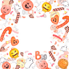 Hand drawn watercolor halloween treats frame border isolated on white background. Can be used for postcard, label, scrapbook and other printed products.