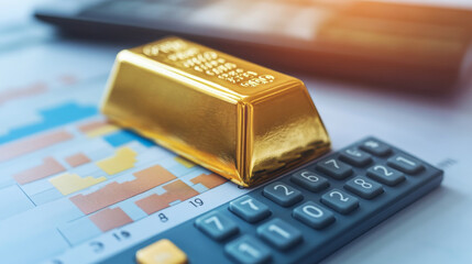 Gold bar on a calculator with a trading graph represents gold price calculation. Gold, a tangible hard asset, serves as a safe haven during wars, economic crises, and as a former gold reserve. 