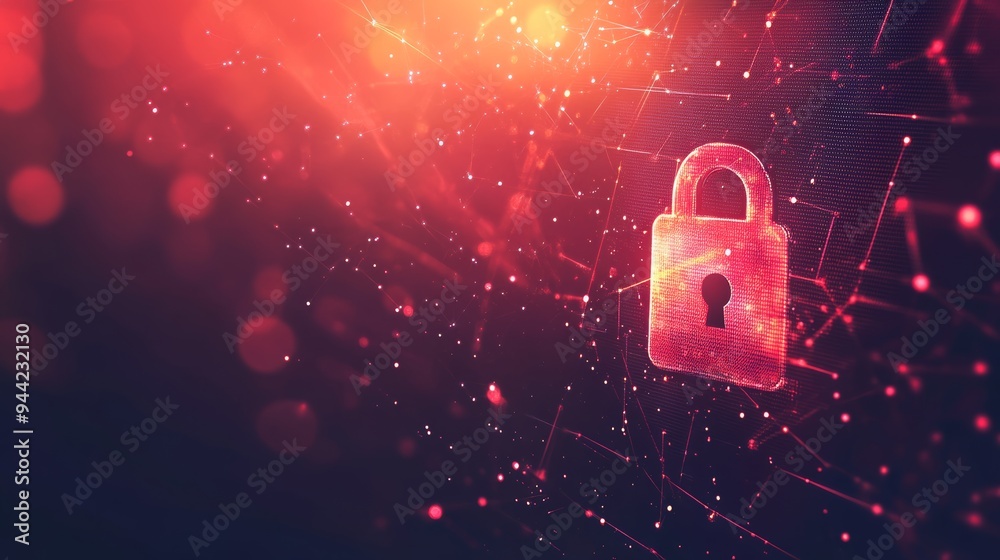 Poster Abstract digital red lock icon on a high-tech background, highlighting cybersecurity and data encryption