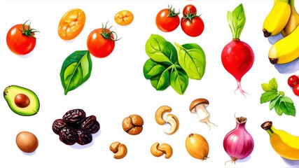Vitamin K in nutrition concept. Letter K with fresh salad, tomatoes, soybeans, spinach, meat, radishes, dried apricots, cashews, peas, prunes, avocado, eggs, banana, potatoes, mushrooms